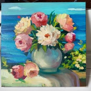 paintings on canvas original «Peonies under the sun” 12x12, oil on canvas